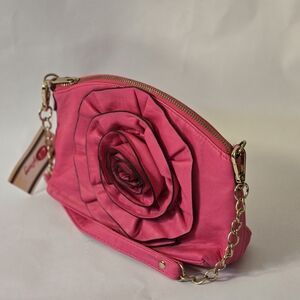 Fuchsia Rose Applique Crossbody Wristlet with Gold Chain